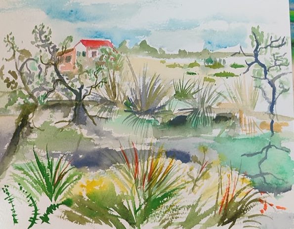 Akvarel krajiny z Camargue: stromy, agáve a domek s červenou střechou
